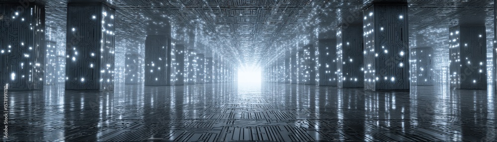Poster a futuristic digital corridor illuminated by a bright light, featuring glowing data points and intri