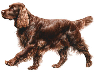 Sussex Spaniel Walking Slowly with Low-Set Body and Tail Held Level, Side View, Isolated on Transparent Background