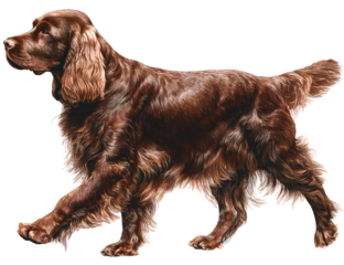 Sussex Spaniel Walking Slowly with Low-Set Body and Tail Held Level, Side View, Isolated on Transparent Background