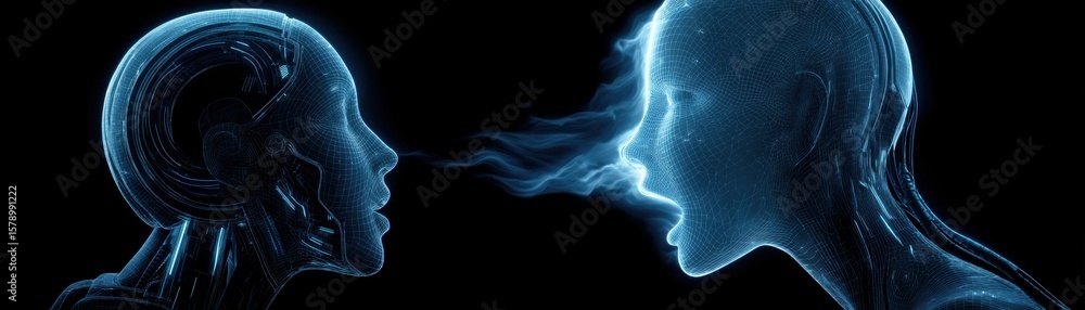 Poster two digital humanoid figures face each other, one appearing robotic and the other emitting blue ligh