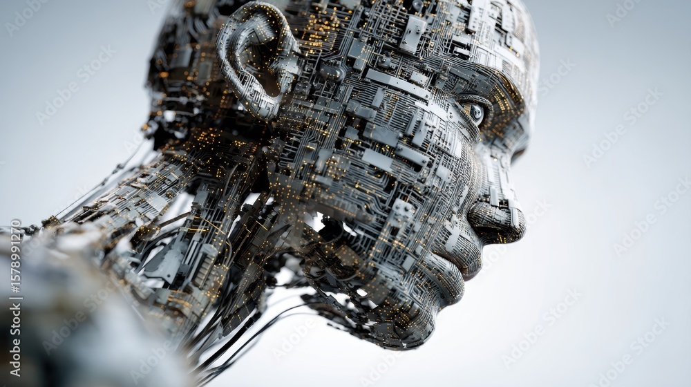 Poster a futuristic humanoid robot head composed of intricate electronic circuits and components, symbolizi