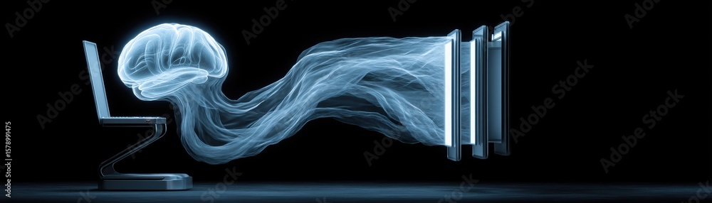 Poster a digital illustration of a brain flowing from a laptop screen into a book, symbolizing knowledge tr