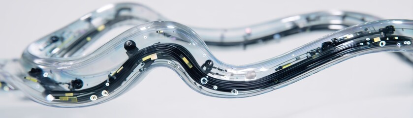 A close-up of a transparent, flexible electronic circuit with embedded components and intricate wiring, shaped in a flowing, wavy form, AI computer set