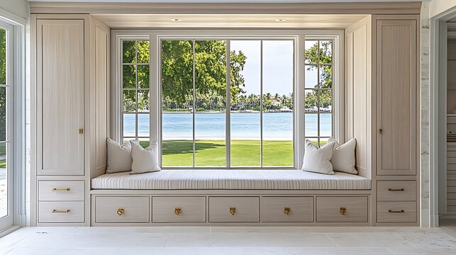 Fototapeta A serene window seat overlooks a beautiful waterfront landscape view