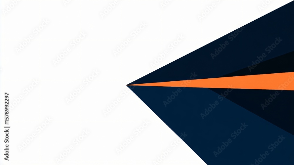 Poster minimalist abstract design features sharp angles and contrasts of dark blue with an orange accent.