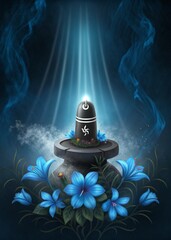 Shivlingam with trishul and blue lotus on a smoky divine background.