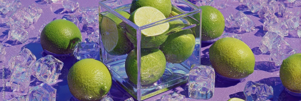 Poster floating limes in a clear cube glass structure create a surreal visual effect with vibrant colors an