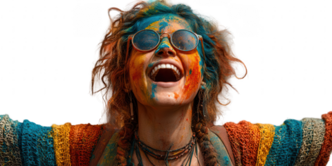 A woman with colorful powder on her face wearing sunglasses and a colorful sweater smiling