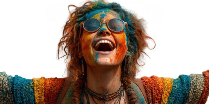 A woman with colorful powder on her face wearing sunglasses and a colorful sweater smiling