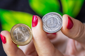 Polish zloty vs Euro. Currency exchange rate, euro-zloty pair. Financial concept. Foreign exchange...