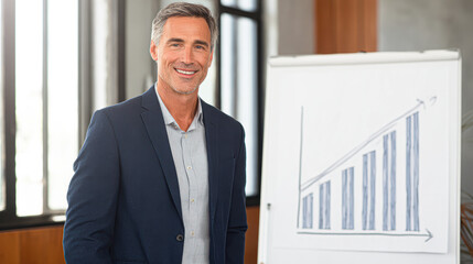 Fototapeta premium A professional man in a suit smiles confidently next to a flip chart displaying a rising bar graph, suggesting business growth or success.