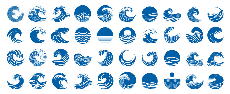 Wave logo set. Flat minimalistic blue icons of swirl water, abstract ocean symbol, japan waves vector silhouette