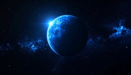A vibrant blue planet, bathed in starlight, dominates the vastness of space