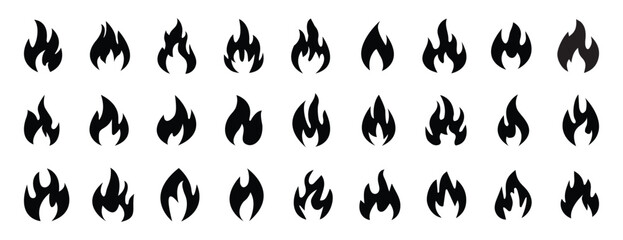 Big set of fire flame vector icons. Bonfire silhouette logotype. Burning fire flame icons collection. Flame design of different shapes. Vector illustration eps