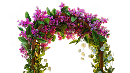 Beautiful wooden garden arch adorned with vibrant pink bougainvillea and white morning glories