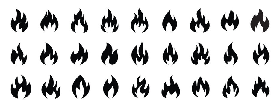Big set of fire flame vector icons. Bonfire silhouette logotype. Burning fire flame icons collection. Flame design of different shapes. Vector illustration eps