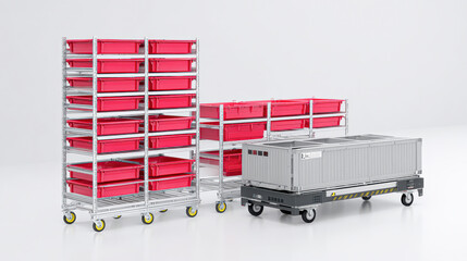 Modular storage units with red bins and a mobile automated platform in a clean, white environment.