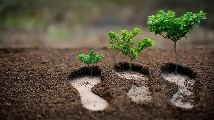 Three green plants in varying stages of growth emerge from distinct footprint-shaped impressions in rich brown soil, symbolizing sustainable steps or environmental impact and growth