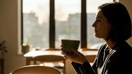 Woman sip beverage cozy interior daytime relaxed profile view warm light still life