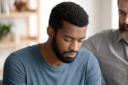 A young man looks down pensively while another person beside him offers support in a calm indoor setting.