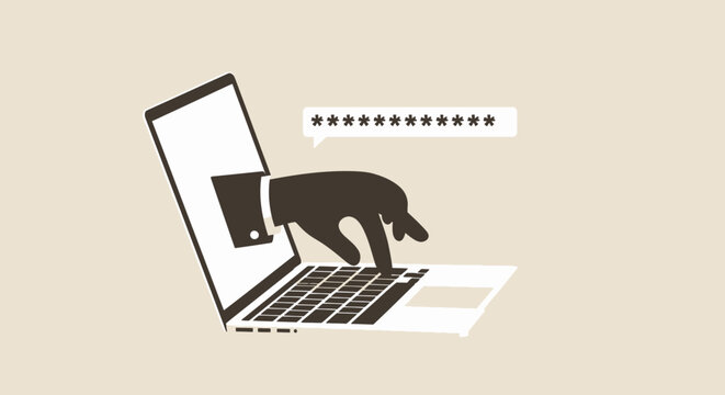 A hand reaches out from a laptop screen, pointing at a password, symbolizing cybercrime and online security threats