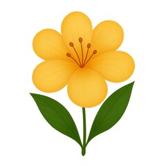 A simple stylized yellow flower with green leaves on a white background