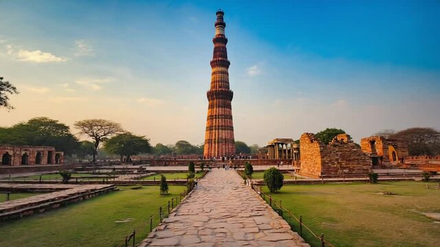 qutub minar delhi clear blue sky indian landscape video