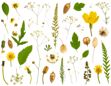Flat Lay of Love-in-a-Mist Flowers, Seed Pods, and Ferny Leaves in Natural Scatter, Transparent Background