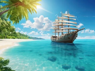 Obraz premium Tropical beach, sailing ship, sunny day