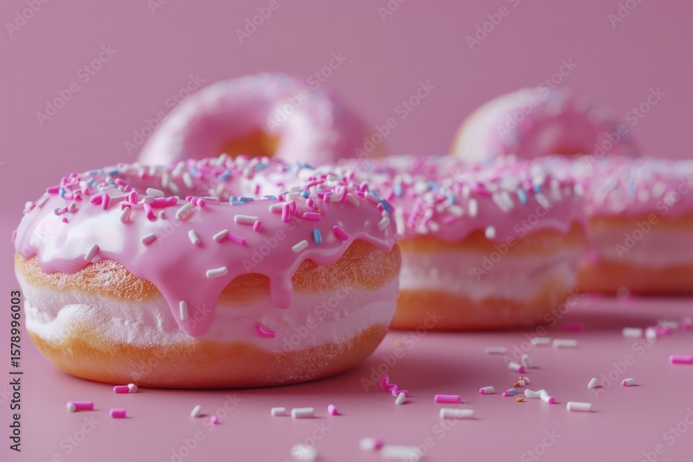 Poster pink frosted donuts with colorful sprinkles create a tempting display, representing sweetness and in