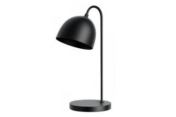 Modern black desk lamp with a sleek design, casting a warm glow on a transparent background, perfect for enhancing any workspace