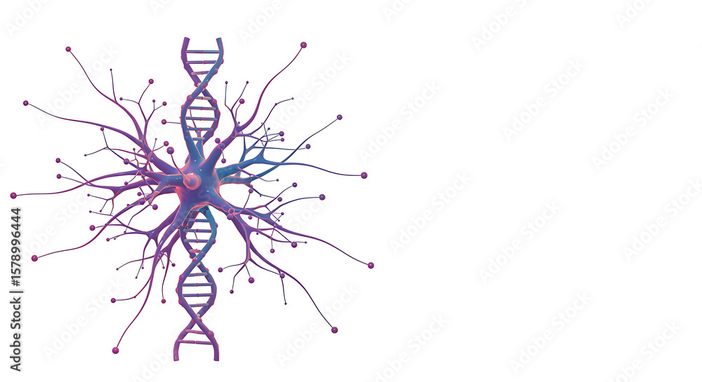 Aufkleber a stylized neuron with branching dendrites connecting to dna helix structures, symbolizing genetics,
