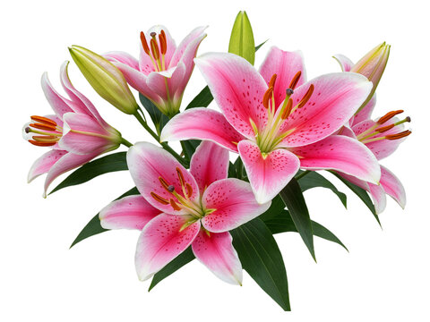 Cluster of pink and white stargazer lilies with green stems and leaves isolated on transparent background