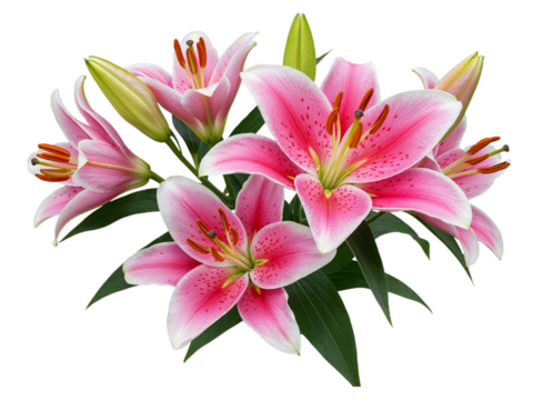Cluster of pink and white stargazer lilies with green stems and leaves isolated on transparent background