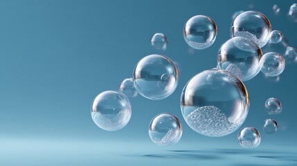 Bubbling action of transparent soap bubbles indoor setting macro photography blue background playful concept