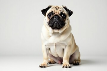 Obraz premium Adorable pug dog sits alone against white backdrop, funny, isolated