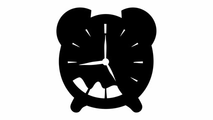 Silhouette of a black alarm clock with visible hands and a toothy grin displayed on its face design