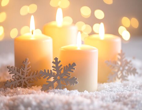 Warm winter candles in snow