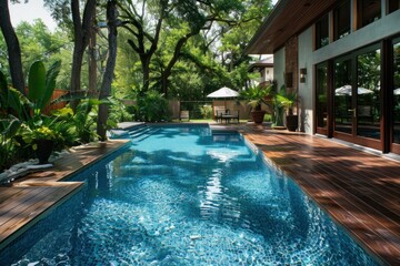 Tranquil backyard oasis featuring a crystal clear rectangular swimming pool surrounded by lush greenery and a modern house