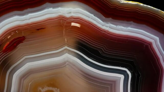 A macro close-up of a vibrant, polished agate slice showcasing mesmerizing concentric patterns of deep red, orange, white, and translucent black bands