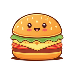 Cute Chibi-Style Burger with Bold Outlines – Flat Vector Fast Food Cartoon Illustration