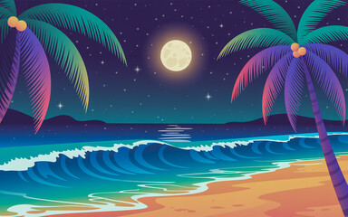 Nighttime vector beach scene with turquoise waves, moonlight reflections, palm trees with gradient leaves, and a glowing night sky.