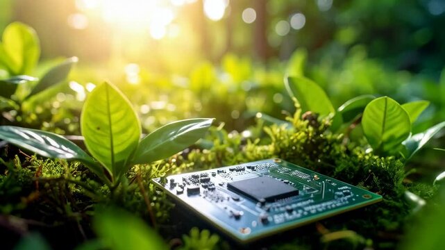 Computer chip rests amongst green foliage and moss illuminated by sunlight in a forest environment, promoting sustainable tech and technology.