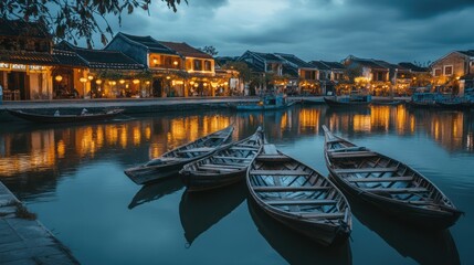 Canal town at twilight, boats moored
