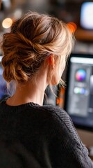 Fototapeta premium Woman edits on a computer at dusk in home office