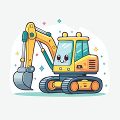 Cute Chibi-Style Excavator with Bold Outlines – Flat Vector Construction Vehicle Cartoon