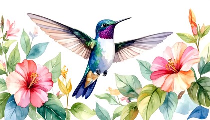 Watercolor hummingbird surrounded by flowers