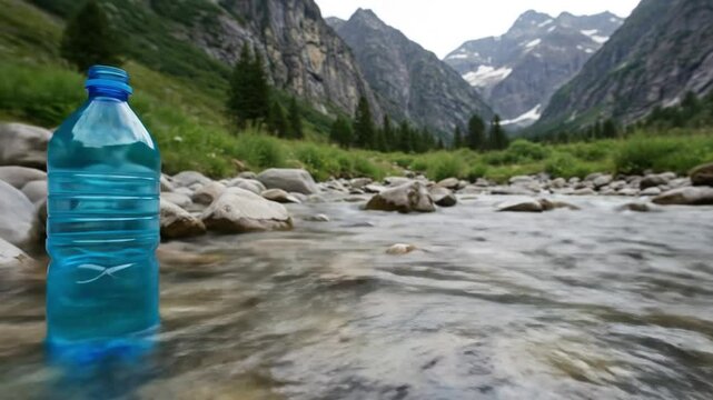 Blue plastic water bottle in a river with mountains and greenery in the background