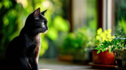 Black Cat looks out the window at plants on a bright sunny day