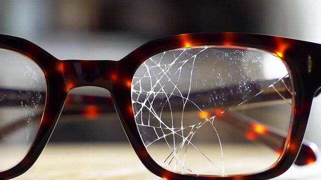 A pair of glasses with one lens cracked